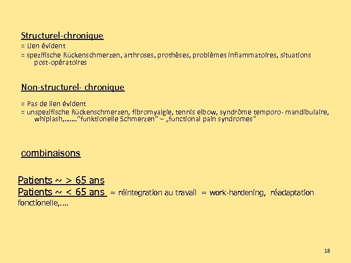 Structurel-chronique = Lien évident = spezifische Rückenschmerzen, arthroses, prothèses, problèmes inflammatoires, situations post-opératoires Non-structurel-