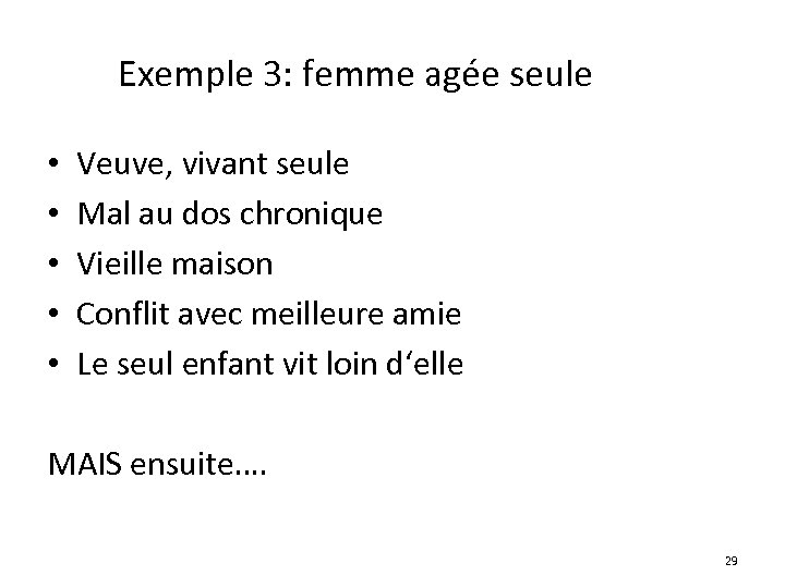 Exemple 3: femme agée seule • • • Veuve, vivant seule Mal au dos