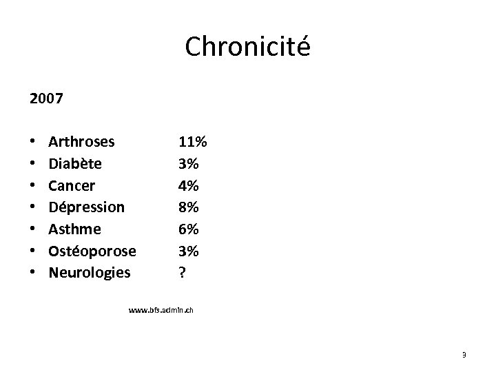 Chronicité 2007 • • Arthroses Diabète Cancer Dépression Asthme Ostéoporose Neurologies 11% 3% 4%