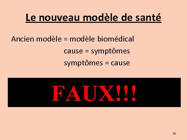Le nouveau modèle de santé Ancien modèle = modèle biomédical cause = symptômes =