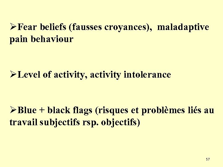 ØFear beliefs (fausses croyances), maladaptive pain behaviour ØLevel of activity, activity intolerance ØBlue +