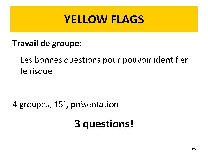 YELLOW FLAGS Travail de groupe: Les bonnes questions pour pouvoir identifier le risque 4