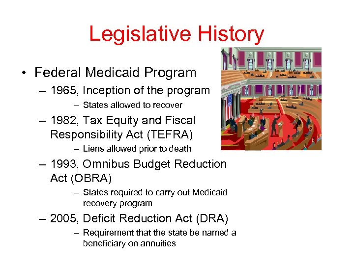 Legislative History • Federal Medicaid Program – 1965, Inception of the program – States
