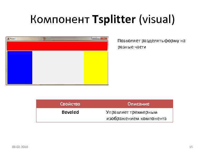 Компонент Tsplitter (visual) Позволяет разделять форму на разные части Свойство Beveled 09. 02. 2018