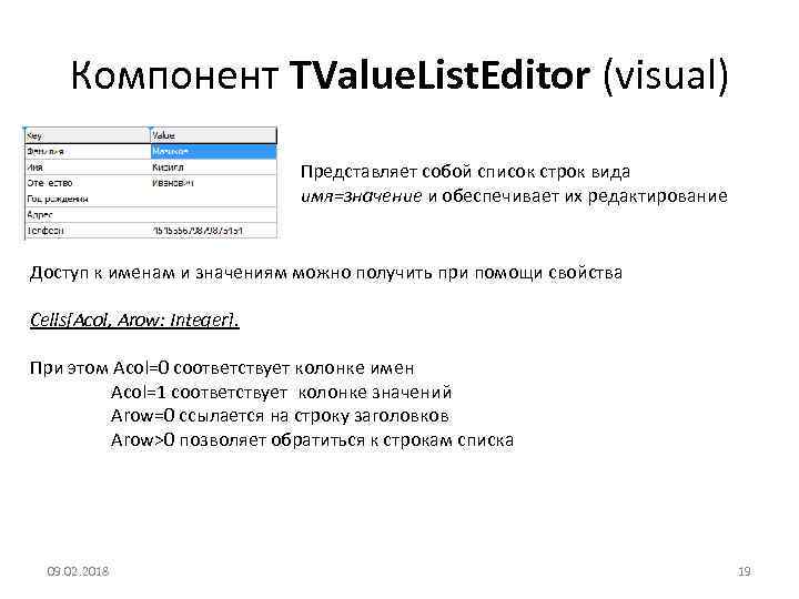 Компонент TValue. List. Editor (visual) Представляет собой список строк вида имя=значение и обеспечивает их
