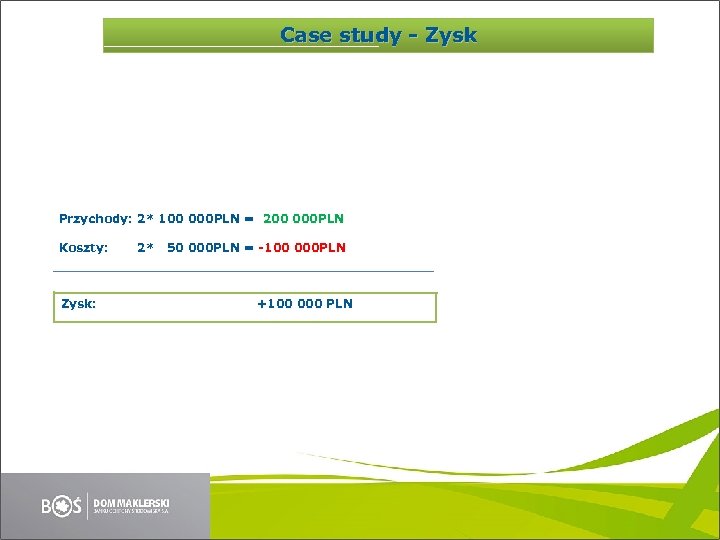 Case study - Zysk Przychody: 2* 100 000 PLN = 200 000 PLN Koszty: