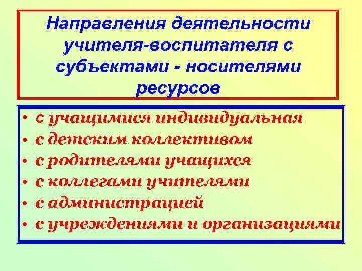 Направления деятельности учителя-воспитателя с субъектами - носителями ресурсов • • • с учащимися индивидуальная