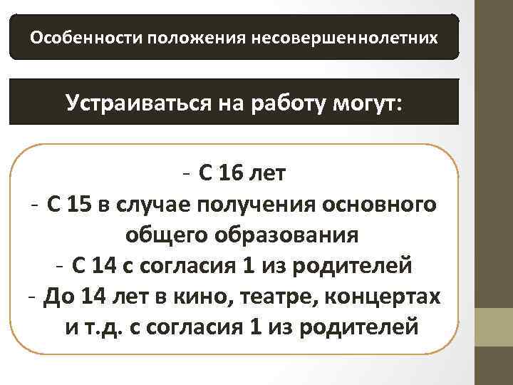 Особенности положения несовершеннолетних Устраиваться на работу могут: - С 16 лет - С 15