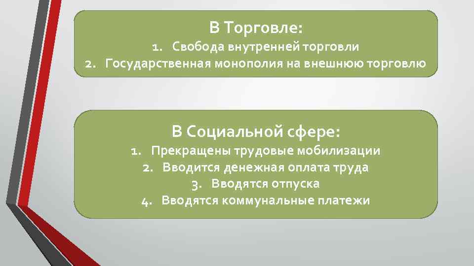 В Торговле: 1. Свобода внутренней торговли 2. Государственная монополия на внешнюю торговлю В Социальной