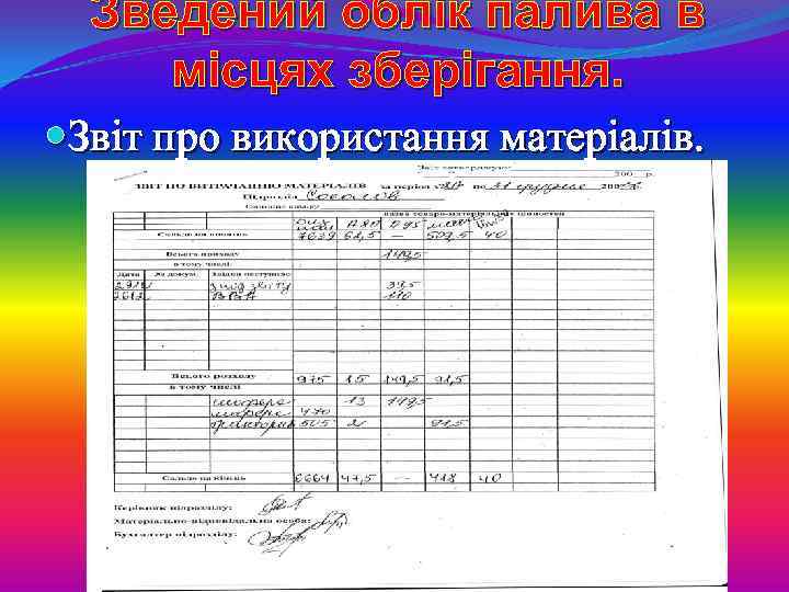 Зведений облік палива в місцях зберігання. Звіт про використання матеріалів. 