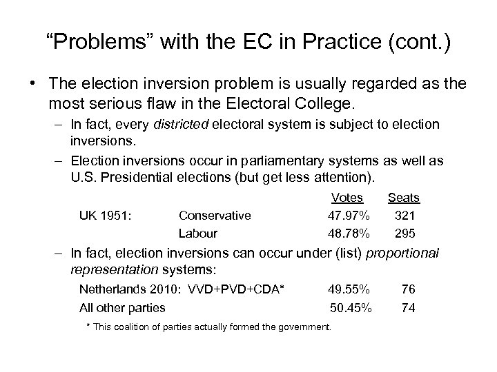 “Problems” with the EC in Practice (cont. ) • The election inversion problem is