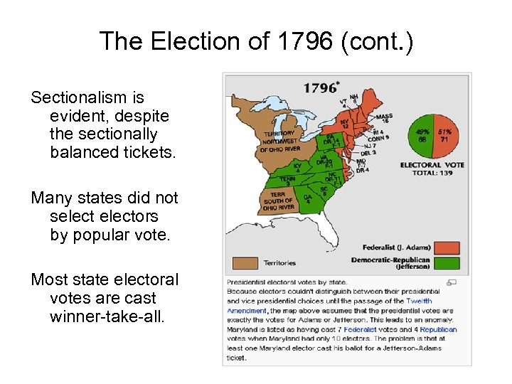 The Election of 1796 (cont. ) Sectionalism is evident, despite the sectionally balanced tickets.