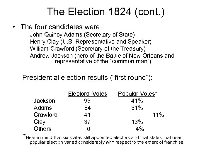 The Election 1824 (cont. ) • The four candidates were: John Quincy Adams (Secretary
