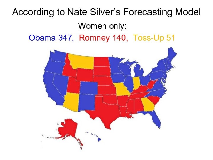 According to Nate Silver’s Forecasting Model Women only: Obama 347, Romney 140, Toss-Up 51