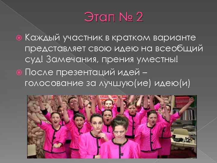 Этап № 2 Каждый участник в кратком варианте представляет свою идею на всеобщий суд!