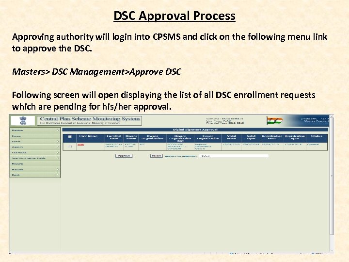 DSC Approval Process Approving authority will login into CPSMS and click on the following