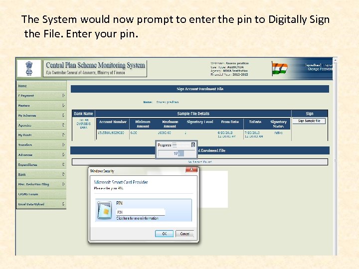 The System would now prompt to enter the pin to Digitally Sign the File.