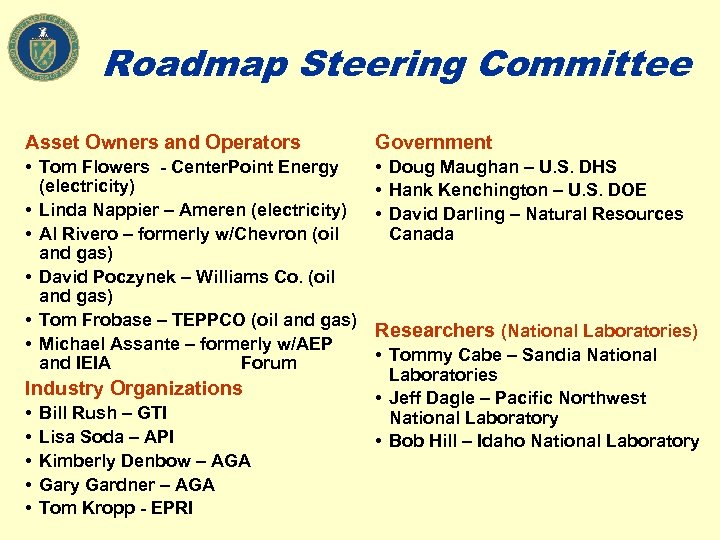 Roadmap Steering Committee Asset Owners and Operators Government • Tom Flowers - Center. Point