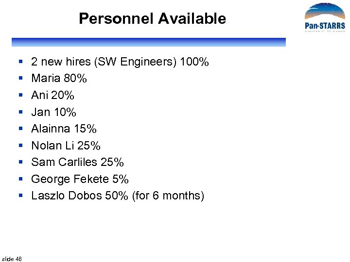 Personnel Available § § § § § slide 46 2 new hires (SW Engineers)