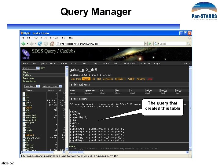 Query Manager The query that created this table slide 52 