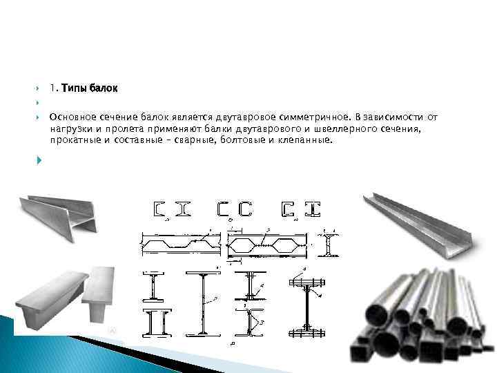  1. Типы балок Основное сечение балок является двутавровое симметричное. В зависимости от нагрузки