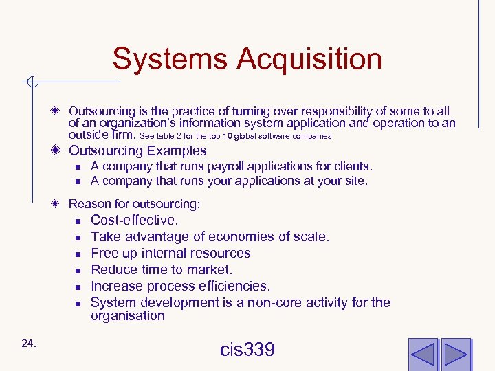 Systems Acquisition Outsourcing is the practice of turning over responsibility of some to all