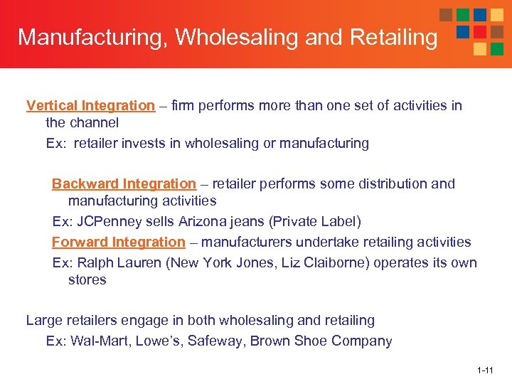 Manufacturing, Wholesaling and Retailing Vertical Integration – firm performs more than one set of