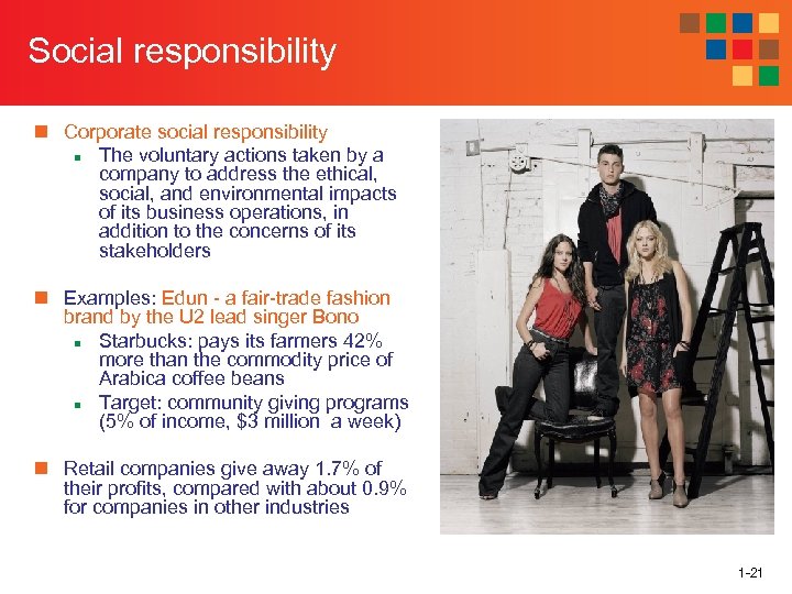 Social responsibility n Corporate social responsibility n The voluntary actions taken by a company