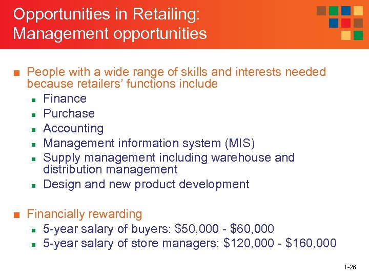 Opportunities in Retailing: Management opportunities ■ People with a wide range of skills and