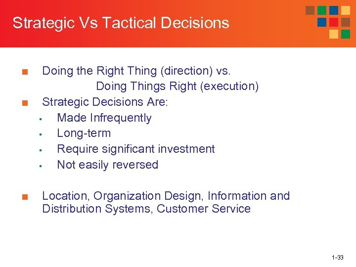 Strategic Vs Tactical Decisions ■ Doing the Right Thing (direction) vs. Doing Things Right