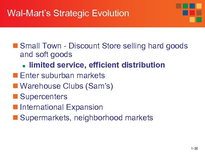 Wal-Mart’s Strategic Evolution n Small Town - Discount Store selling hard goods and soft