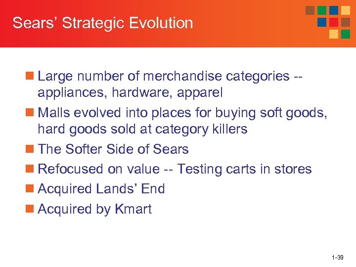 Sears’ Strategic Evolution n Large number of merchandise categories -appliances, hardware, apparel n Malls