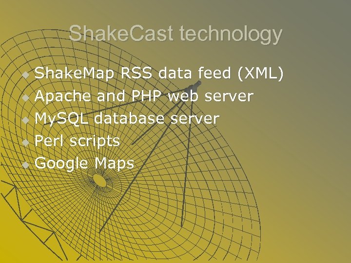 Shake. Cast technology Shake. Map RSS data feed (XML) u Apache and PHP web