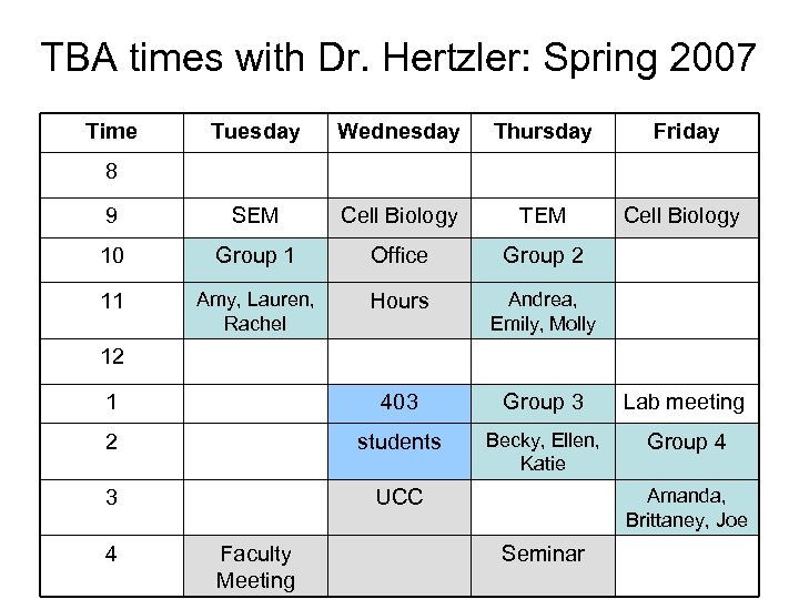 TBA times with Dr. Hertzler: Spring 2007 Time Tuesday Wednesday Thursday Friday 9 SEM