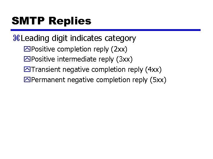 SMTP Replies z Leading digit indicates category y. Positive completion reply (2 xx) y.