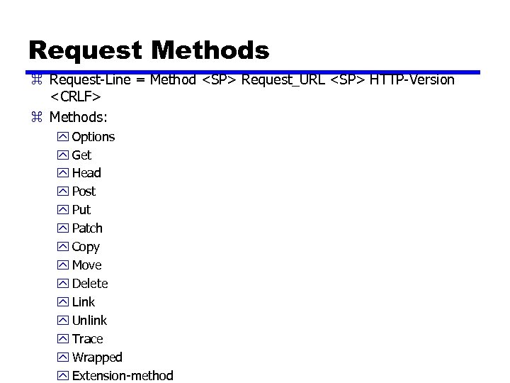 Request Methods z Request-Line = Method <SP> Request_URL <SP> HTTP-Version <CRLF> z Methods: y