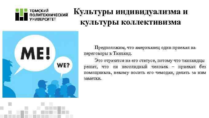 Культуры индивидуализма и культуры коллективизма Предположим, что американец один приехал на переговоры в Таиланд.