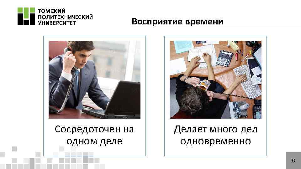 Восприятие времени Сосредоточен на одном деле Делает много дел одновременно 6 
