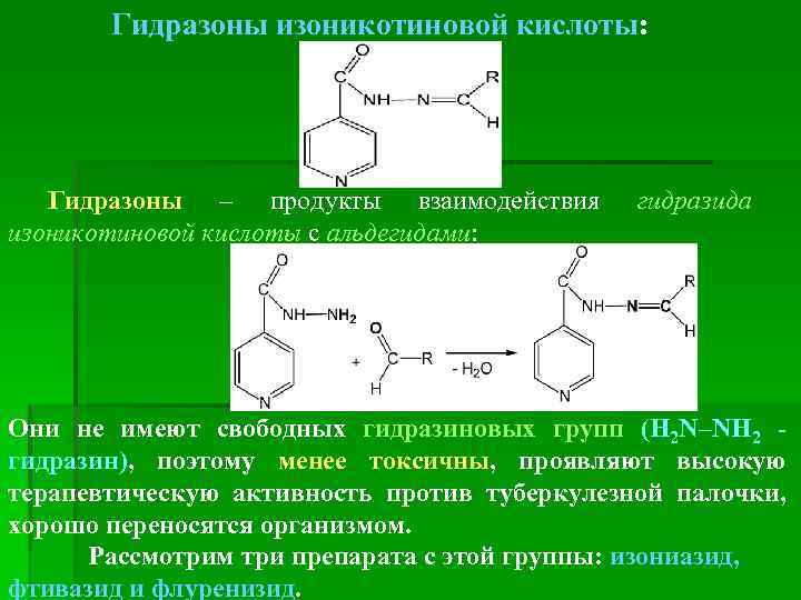 Гидразоны изоникотиновой кислоты: Гидразоны – продукты взаимодействия изоникотиновой кислоты с альдегидами: гидразида Они не