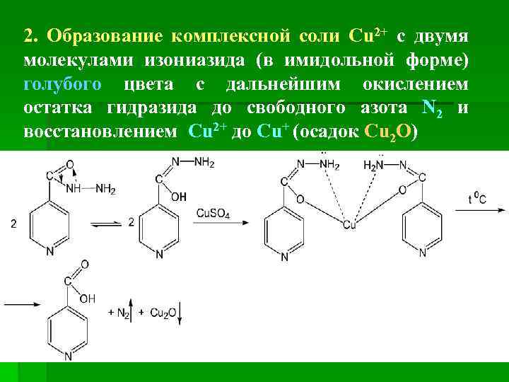 2. Образование комплексной соли Cu 2+ с двумя молекулами изониазида (в имидольной форме) голубого