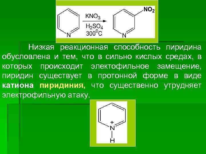Низкая реакционная способность пиридина обусловлена и тем, что в сильно кислых средах, в которых