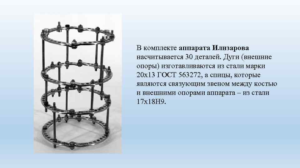 В комплекте аппарата Илизарова насчитывается 30 деталей. Дуги (внешние опоры) изготавливаются из стали марки