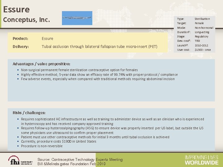 Essure Conceptus, Inc. Product: Essure Delivery: Tubal occlusion through bilateral fallopian tube micro‐insert (PET)
