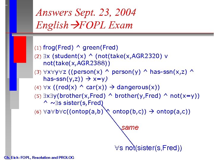 Answers Sept. 23, 2004 English FOPL Exam (1) (2) (3) (4) (5) (6) frog(Fred)