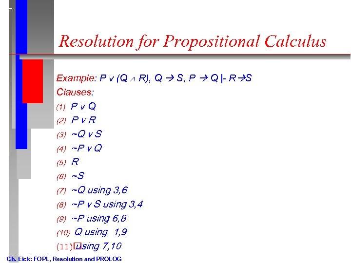 Resolution for Propositional Calculus Example: P v (Q R), Q S, P Q |-