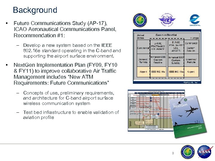 Background • Future Communications Study (AP-17), ICAO Aeronautical Communications Panel, Recommendation #1: – Develop