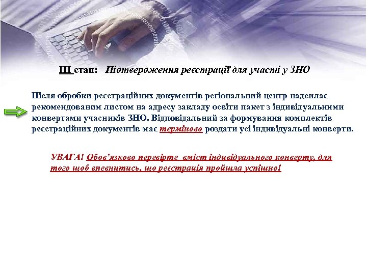 ІІІ етап: Підтвердження реєстрації для участі у ЗНО Після обробки реєстраційних документів регіональний центр