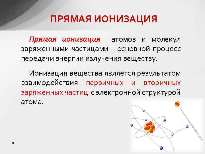 ПРЯМАЯ ИОНИЗАЦИЯ Прямая ионизация атомов и молекул заряженными частицами – основной процесс передачи энергии