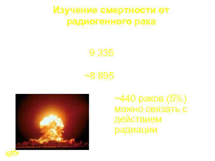 Изучение смертности от радиогенного рака 47 лет наблюдения (1950 -1997) l Обнаружено: 9 335