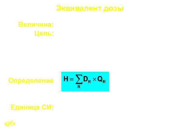 Эквивалент дозы Величина: эквивалент дозы, H Цель: оценка облучения человека в поле внешнего изучения